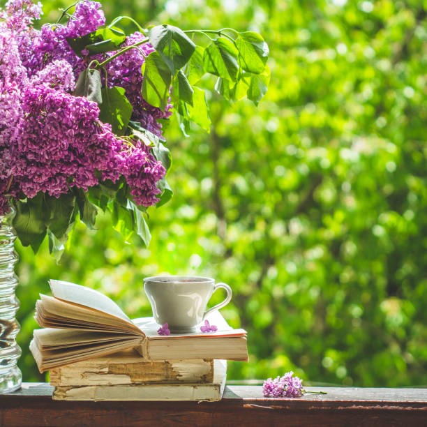 photo of purple lilacs and a book